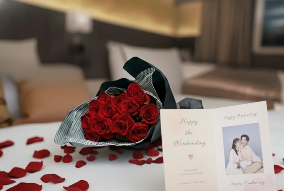 【有料オプション】お祝いアイテム設置イメージ（バラの花束、バラの花びら、メッセージカード）